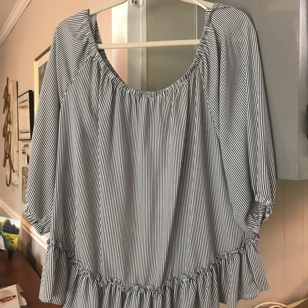 Black and white pin stripe off shoulder blouse